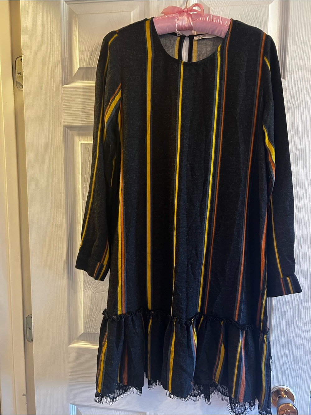 Black Long Sleeve Striped Ruffle-Hem Dress - Yellow & Orange Stripes